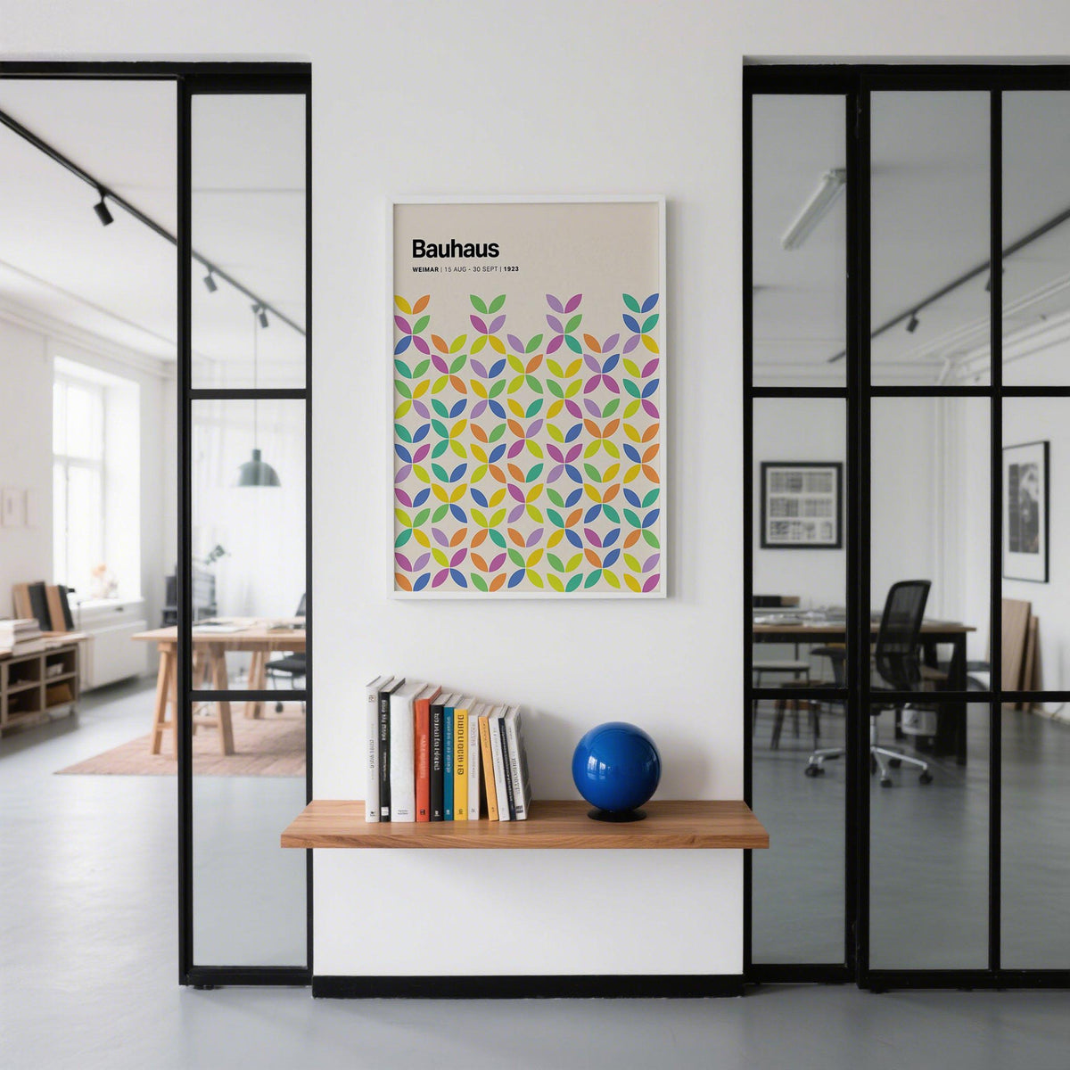 Mid-century modern colorful Bauhaus poster with vibrant symmetrical petal motifs.