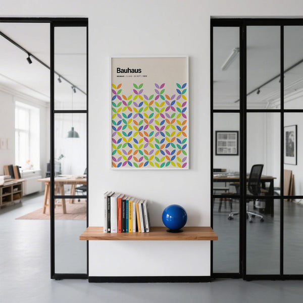 Mid-century modern colorful Bauhaus poster with vibrant symmetrical petal motifs.