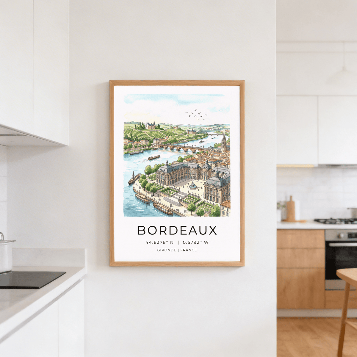 Typographic Bordeaux City Art poster with Bordeaux name, coordinates, and Gironde France text below