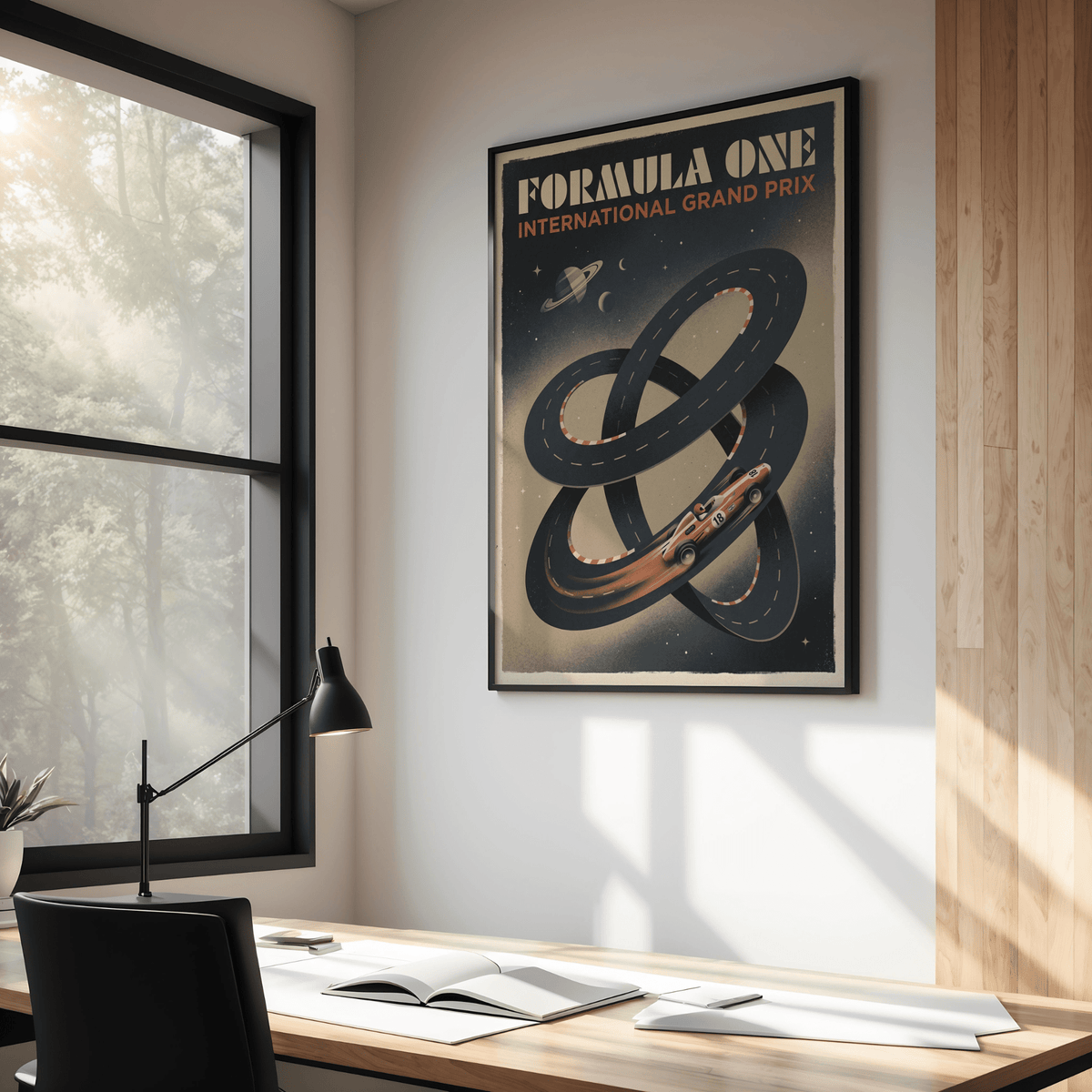 Depicting Racing Car Wall Art with interwoven racetrack and numbered car
