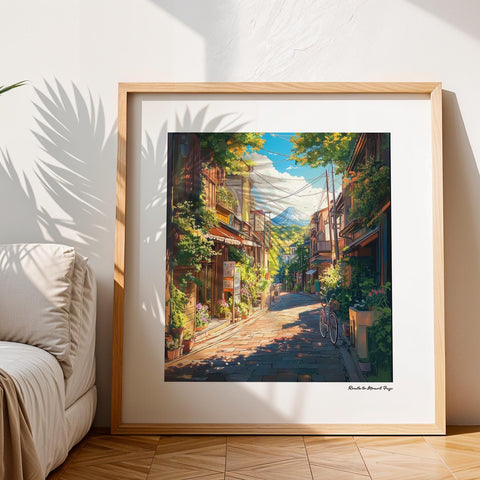 Wall art featuring traditional Japanese street and greenery.