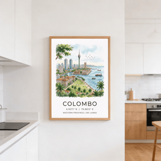 Bay and skyline wall print showing Colombo buildings, tower landmark, and shoreline