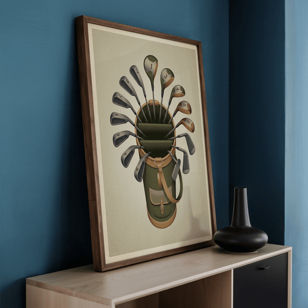 Graphic Golf Clubs Wall Art featuring a golf bag and clubs arranged like spokes