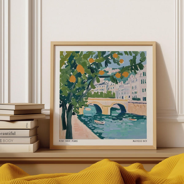 Wall Art of Paris with Pont Neuf and orange trees in a painterly riverside scene.