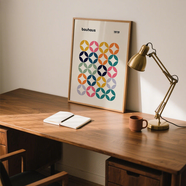 Modern colorful wall art office decor featuring abstract geometric shapes.