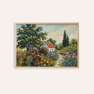 Framed Cottage Garden Art Print of a colourful flower filled garden and white cottage