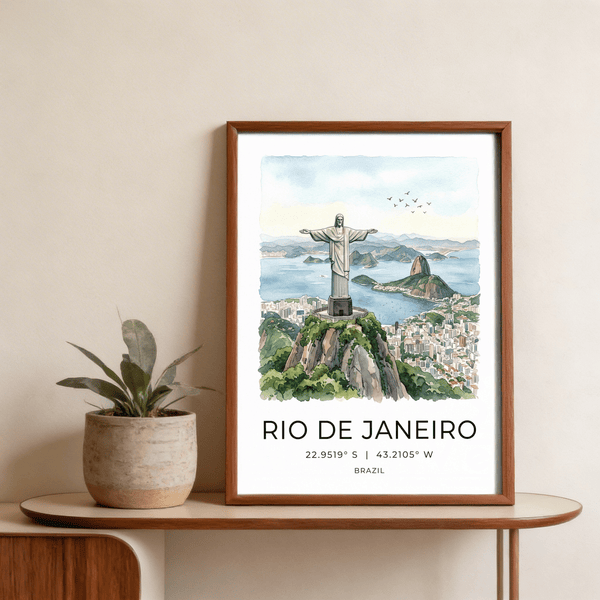 Minimal typography poster with Rio de Janeiro title, coordinates, and Brazil label