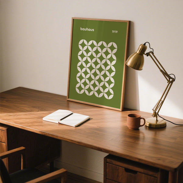 Graphic mid century geometric Bauhaus print with retro olive tones and cream petals.