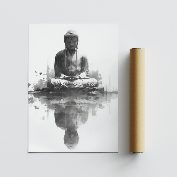 Meditating Buddha Print, White, yoga studio, poster