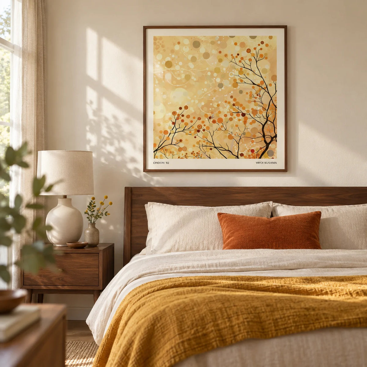 Family Room Wall Decor, framed on the wall of a calm main bedroom with a pale cream wall and walnut furniture