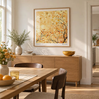 Family Room Wall Decor, framed on the wall of a light dining room in a renovated British terrace with warm white walls and a broad doorway
