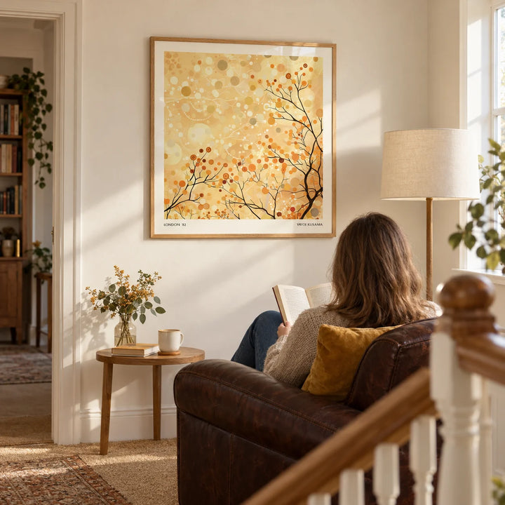 Family Room Wall Decor, framed on the wall of a quiet reading corner on a spacious landing in a UK family home with a warm white wall in a living room