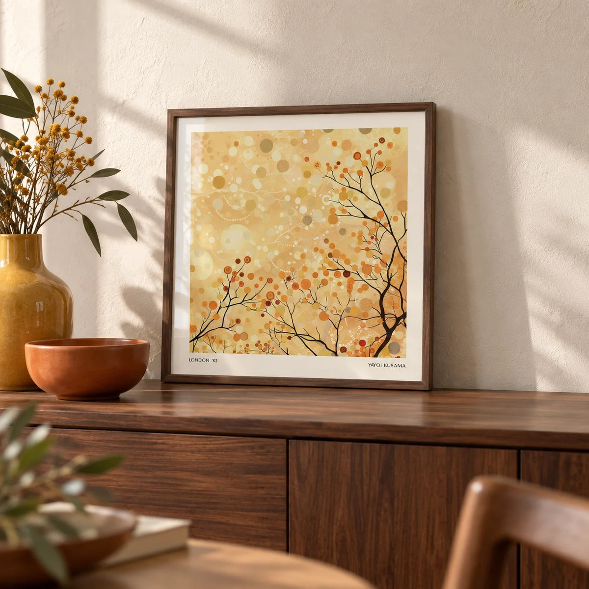 Family Room Wall Decor, a small A4 framed print leaning on a walnut sideboard in a living room
