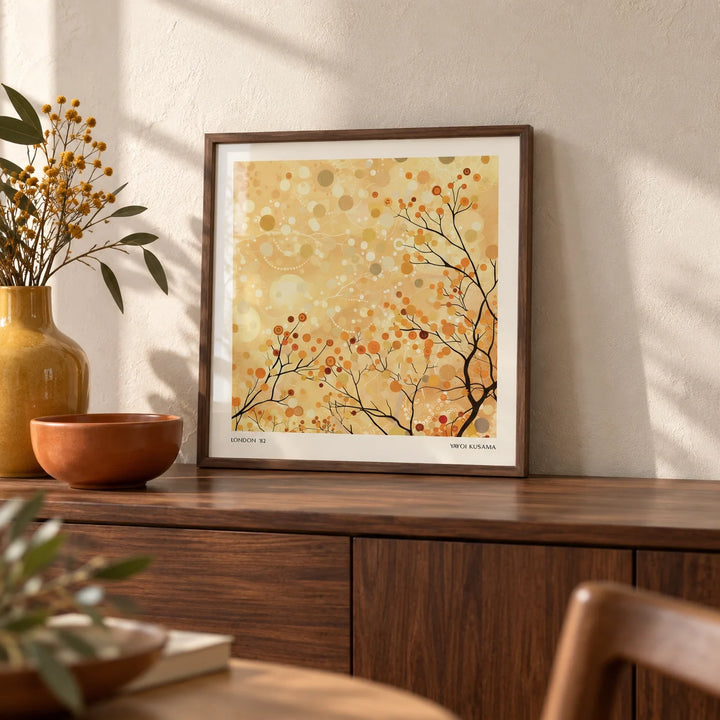 Family Room Wall Decor, a small A4 framed print leaning on a walnut sideboard in a living room