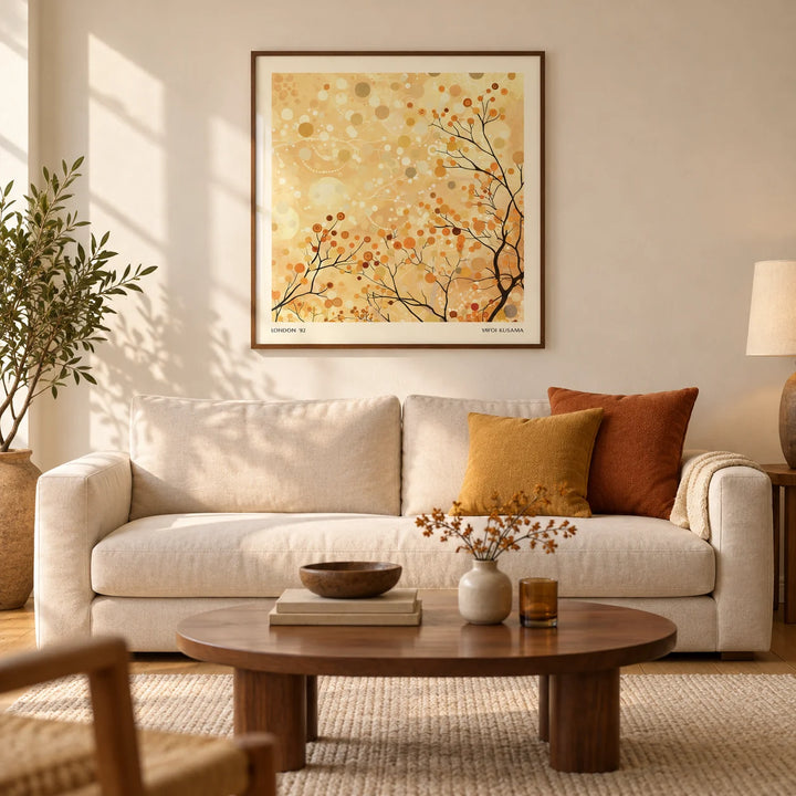 Family Room Wall Decor, framed on the wall of a warm contemporary living room in a UK family home with a cream plaster wall and oak flooring