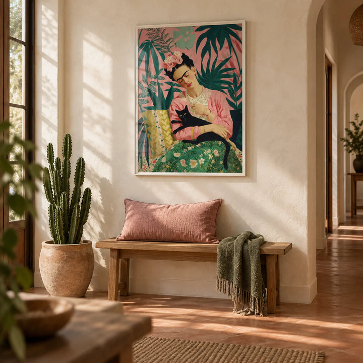 Famous Mexican Painting, framed on the wall of a bright hallway with a limewashed cream wall and a plain terracotta floor
