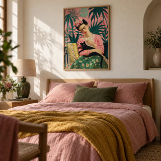Famous Mexican Painting, framed on the wall of a calm bedroom with a warm white plaster wall and an arched niche