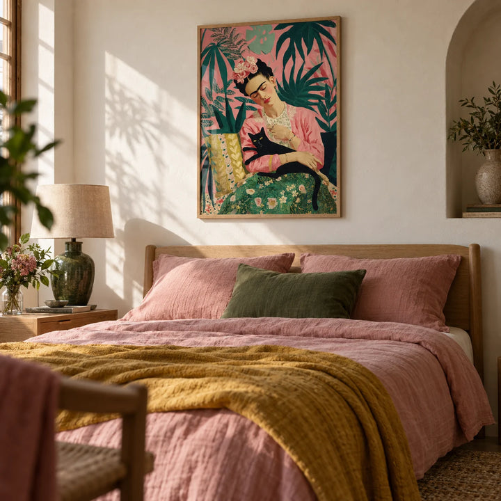 Famous Mexican Painting, framed on the wall of a calm bedroom with a warm white plaster wall and an arched niche