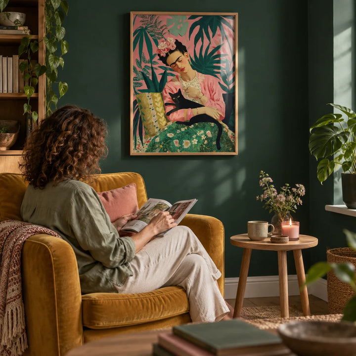Famous Mexican Painting, framed on the wall of a cosy reading corner with a deep forest green painted wall in a living room