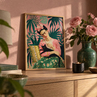 Famous Mexican Painting, a small A4 framed print leaning on an oak shelf in a living room
