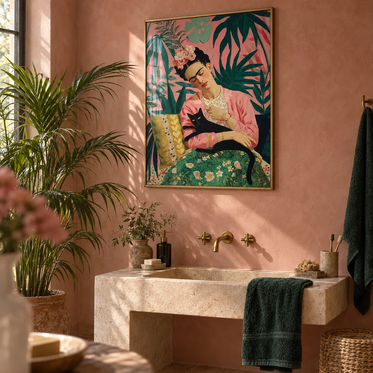 Famous Mexican Painting, framed on the wall of a warm bathroom with a dusty pink tadelakt plaster wall