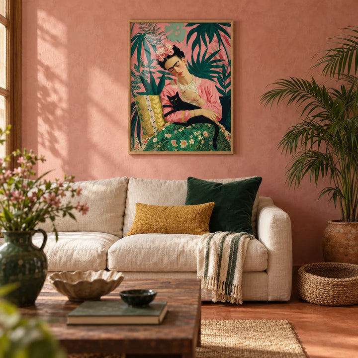 Famous Mexican Painting, framed on the wall of a warm Mexican-modern living room with a dusty pink limewashed plaster wall and a plain terracotta floor