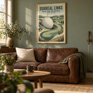 Fantasy Golf Wall Art, framed on the wall of a characterful golf-loving adult's snug with a muted sage wall and plain oak floor in a living room