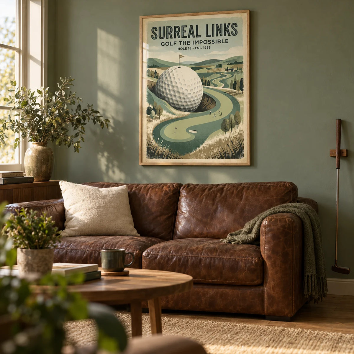 Fantasy Golf Wall Art, framed on the wall of a characterful golf-loving adult's snug with a muted sage wall and plain oak floor in a living room