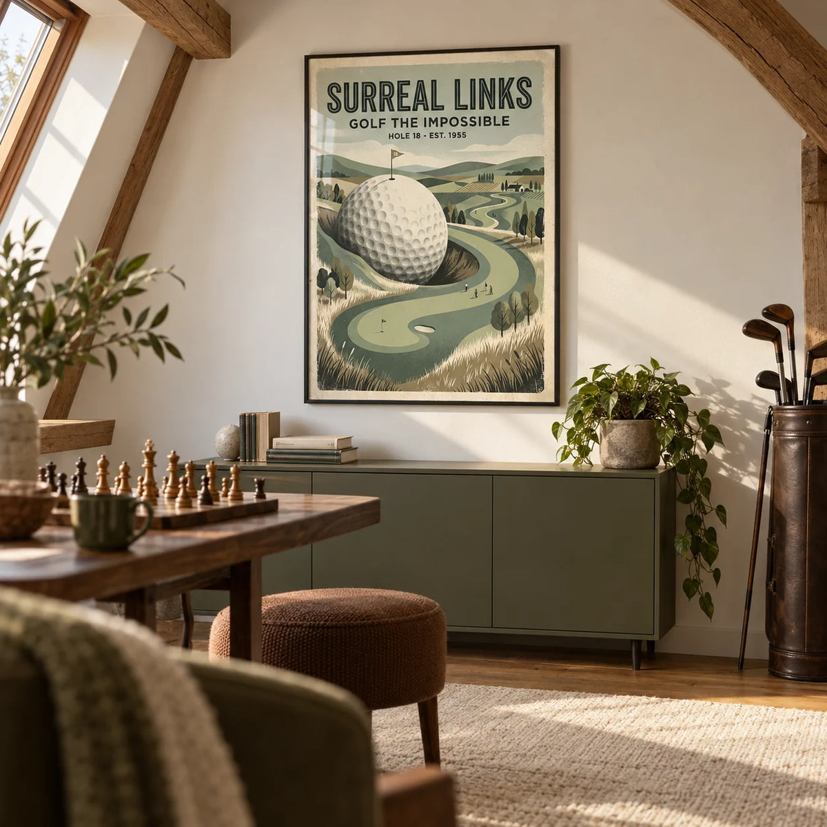 Fantasy Golf Wall Art, framed on the wall of a compact adult games room in a converted UK loft with warm white walls and exposed oak beams