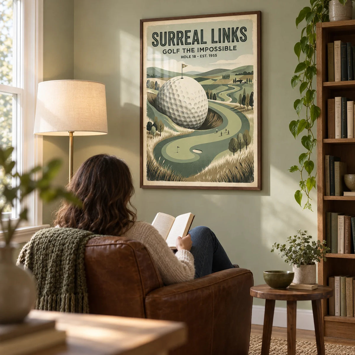 Fantasy Golf Wall Art, framed on the wall of a quiet reading corner in a British semi-detached home with pale sage walls in a living room