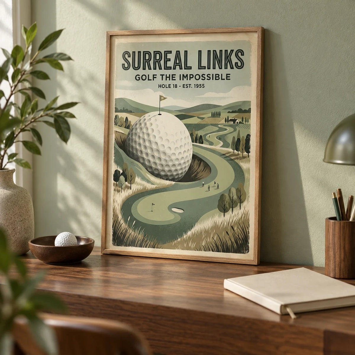 Fantasy Golf Wall Art, a small A4 framed print leaning on a walnut desk