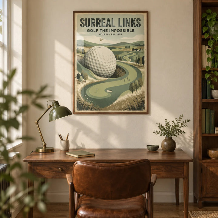 Fantasy Golf Wall Art, framed on the wall of a warm study in a British terraced home with cream plaster walls and walnut furniture