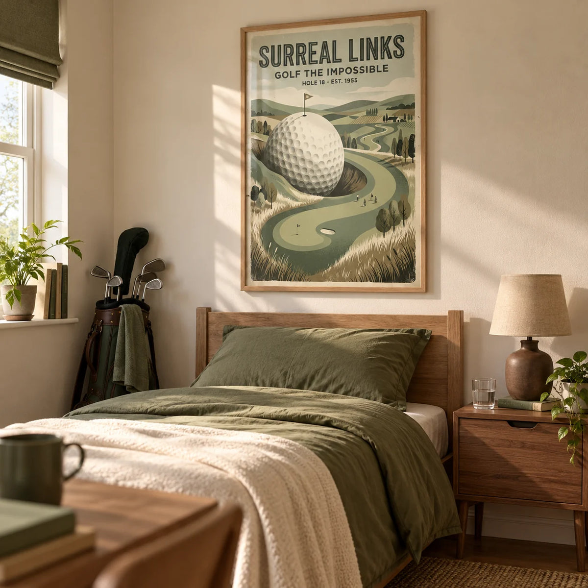 Fantasy Golf Wall Art, framed on the wall of a young adult golfer's single bedroom (18-25) in a UK family home with warm cream walls