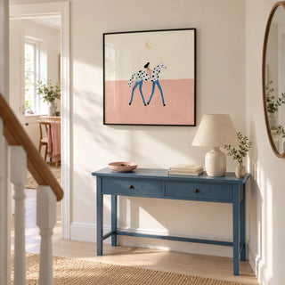 Fantasy Horse Art Print, framed on the wall of a bright hallway in a modest UK home with off-white walls and pale wood flooring