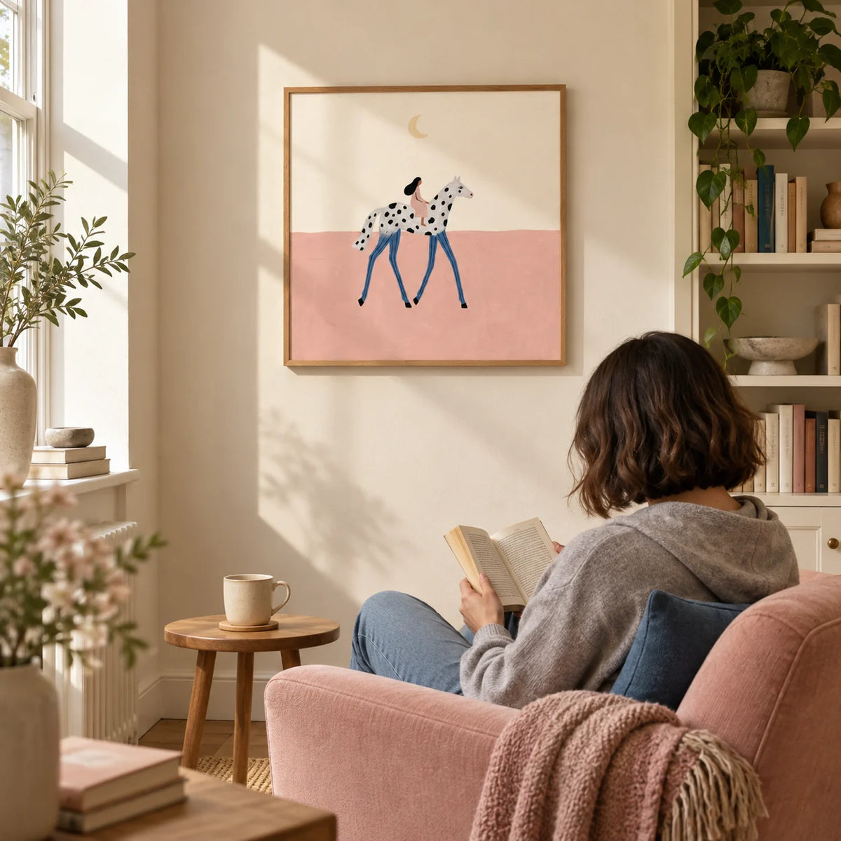 Fantasy Horse Art Print, framed on the wall of a quiet reading corner in a UK terrace with a warm cream wall and a low built-in bookcase in a living room