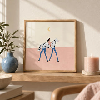 Fantasy Horse Art Print, a small A4 framed print leaning on a pale oak shelf in a living room