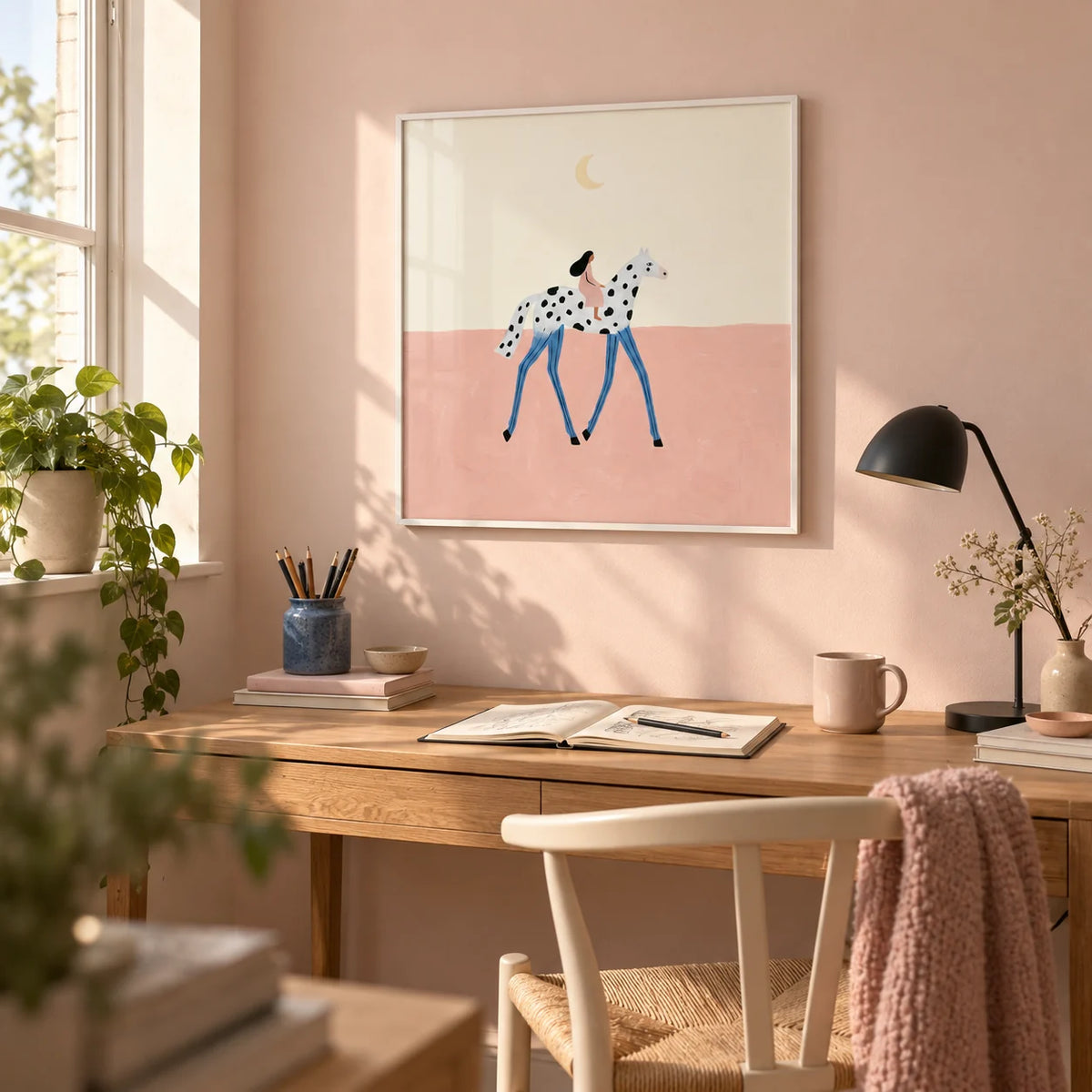 Fantasy Horse Art Print, framed on the wall of a small creative study in a young woman's flat (22-35)