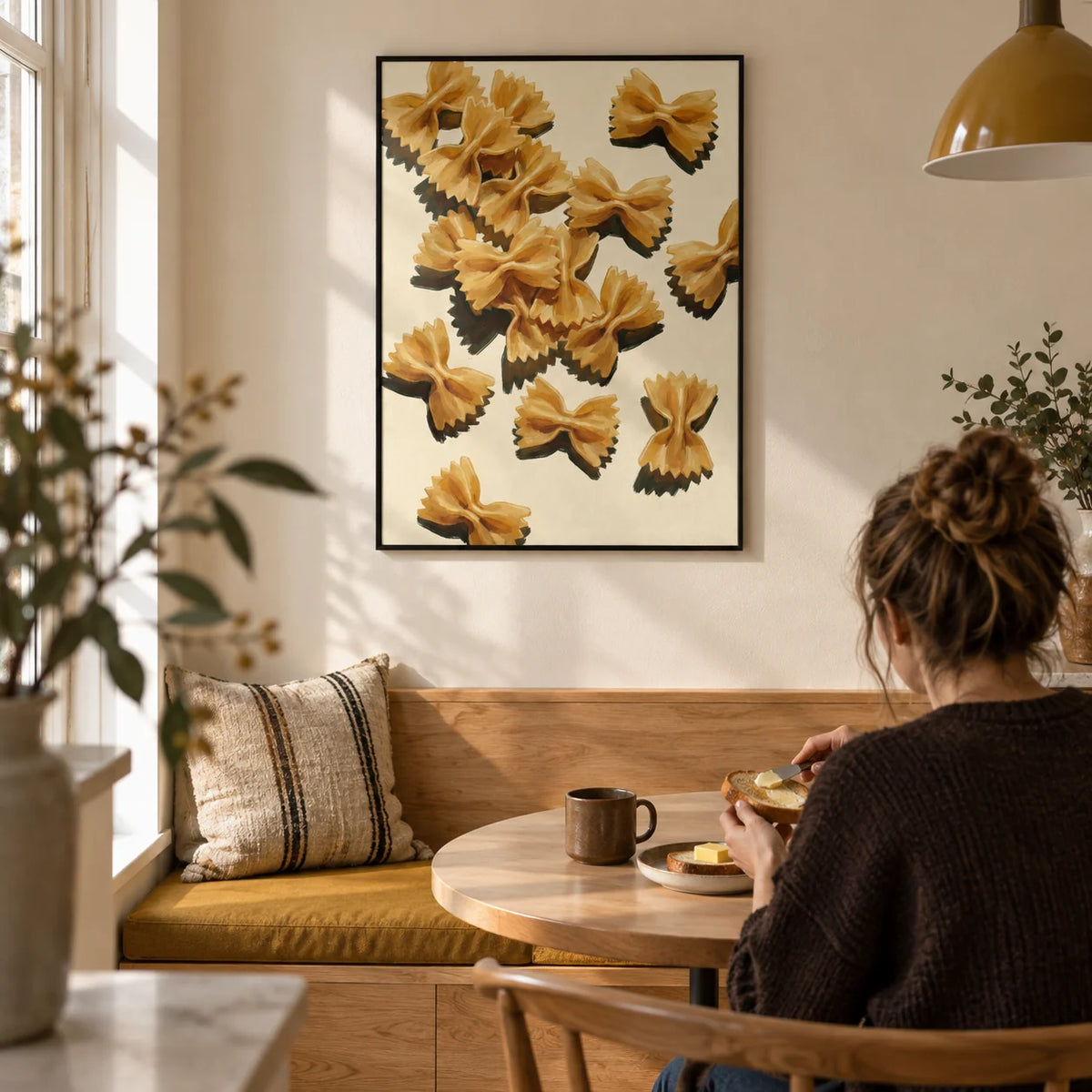 Farfalle Pasta Art, framed on the wall of a compact breakfast nook in a first UK flat for a couple aged 25-35 in a kitchen
