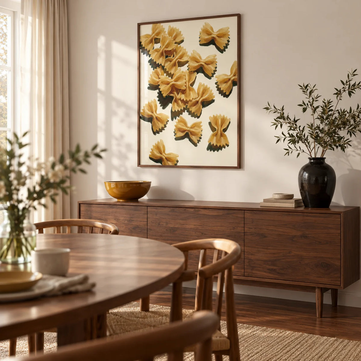 Farfalle Pasta Art, framed on the wall of a contemporary dining room in a UK family home with warm white walls and a walnut floor