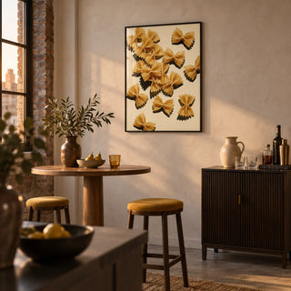 Farfalle Pasta Art, framed on the wall of a small dining and home-bar corner in a converted UK warehouse flat with a pale plaster wall and concrete floor