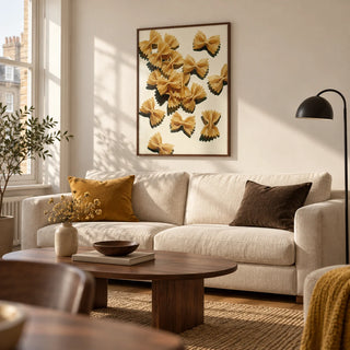 Farfalle Pasta Art, framed on the wall of a warm contemporary living room in a UK city flat with ivory walls and oak flooring