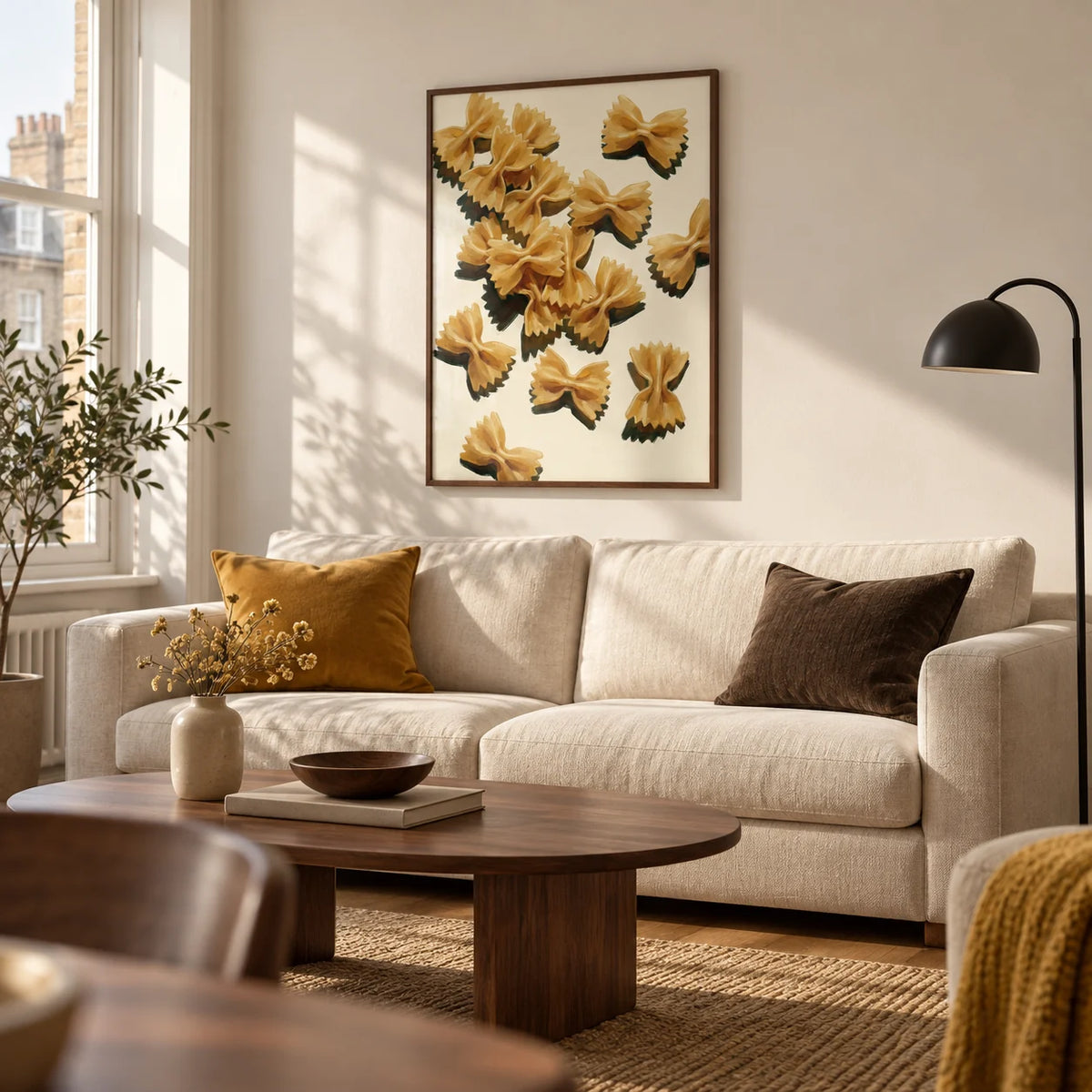Farfalle Pasta Art, framed on the wall of a warm contemporary living room in a UK city flat with ivory walls and oak flooring