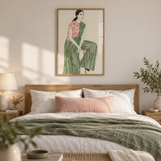 Fashion Illustration Art Print, framed on the wall of a chic bedroom