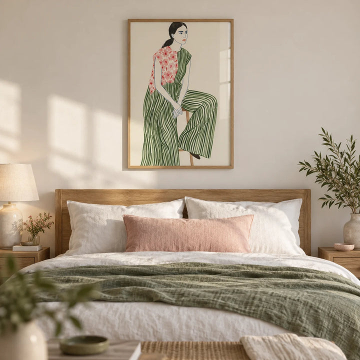 Fashion Illustration Art Print, framed on the wall of a chic bedroom