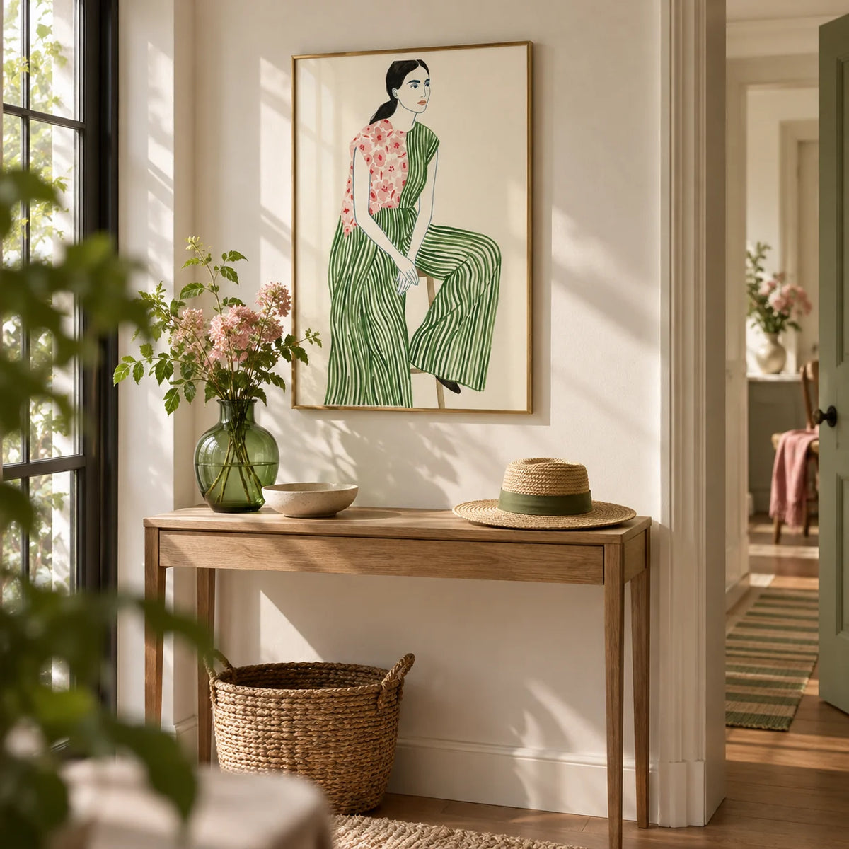 Fashion Illustration Art Print, framed on the wall of an elegant hallway