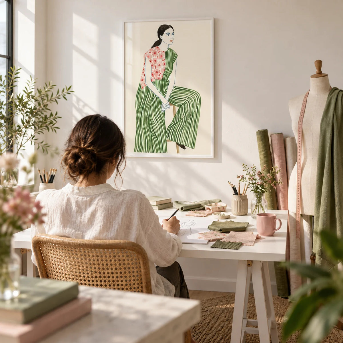 Fashion Illustration Art Print, framed on the wall of a fashion designer's home studio in a home office