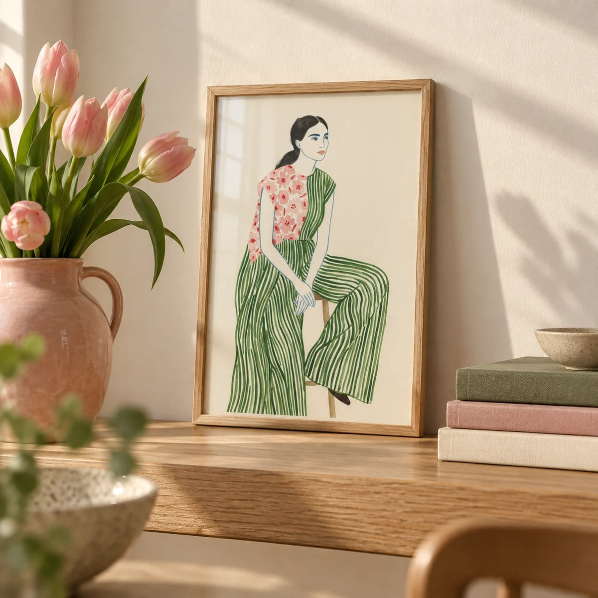 Fashion Illustration Art Print, a small A4 framed print leaning on an oak shelf in a living room