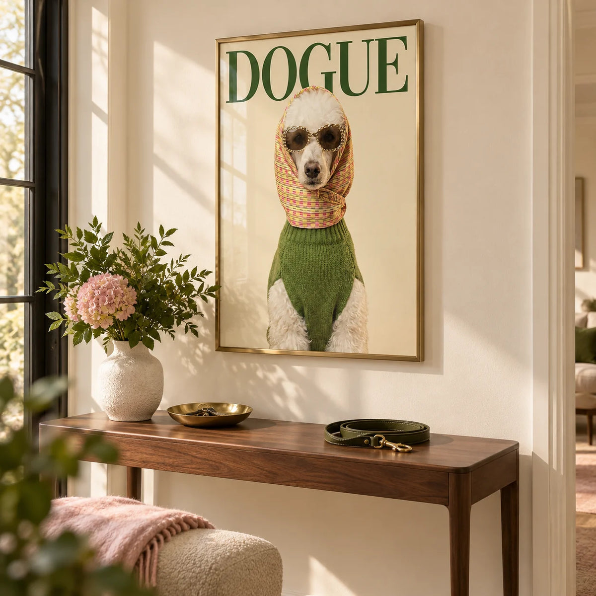 Fashion Poodle Wall Art, framed on the wall of a chic hallway with a warm cream wall