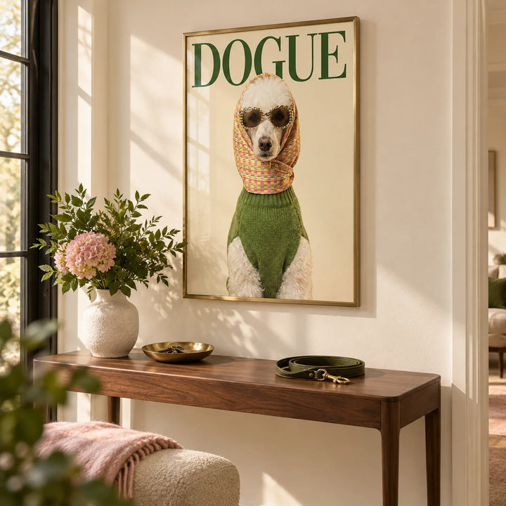 Fashion Poodle Wall Art, framed on the wall of a chic hallway with a warm cream wall