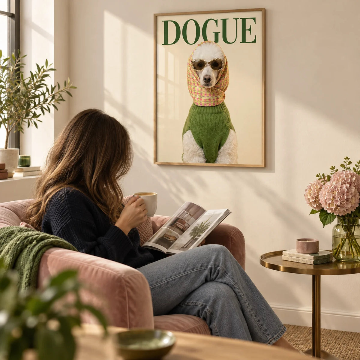 Fashion Poodle Wall Art, framed on the wall of a cosy reading corner in a first flat (22-28) with a warm white wall in a living room